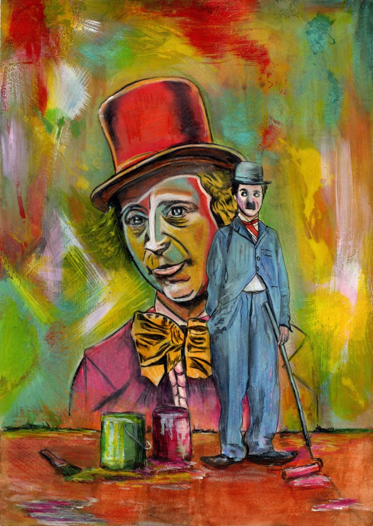 Charlie and chocolate factory street art Wonka chaplin mixed media