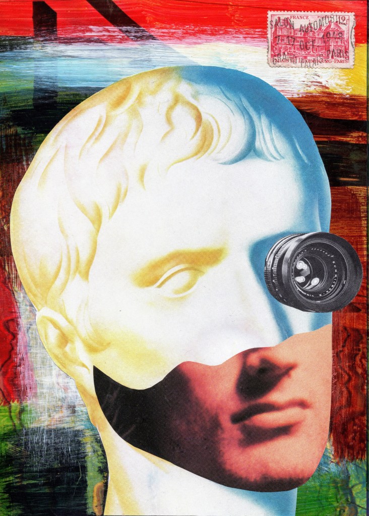Vintage collage eye Spy camera lens statue old magazines mixed media art