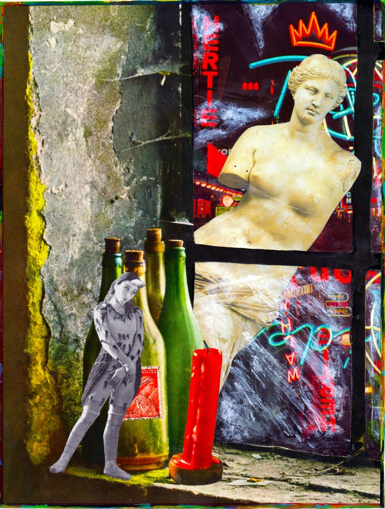 Vintage collage art fairytale Vegas statues and fairy neon lights 