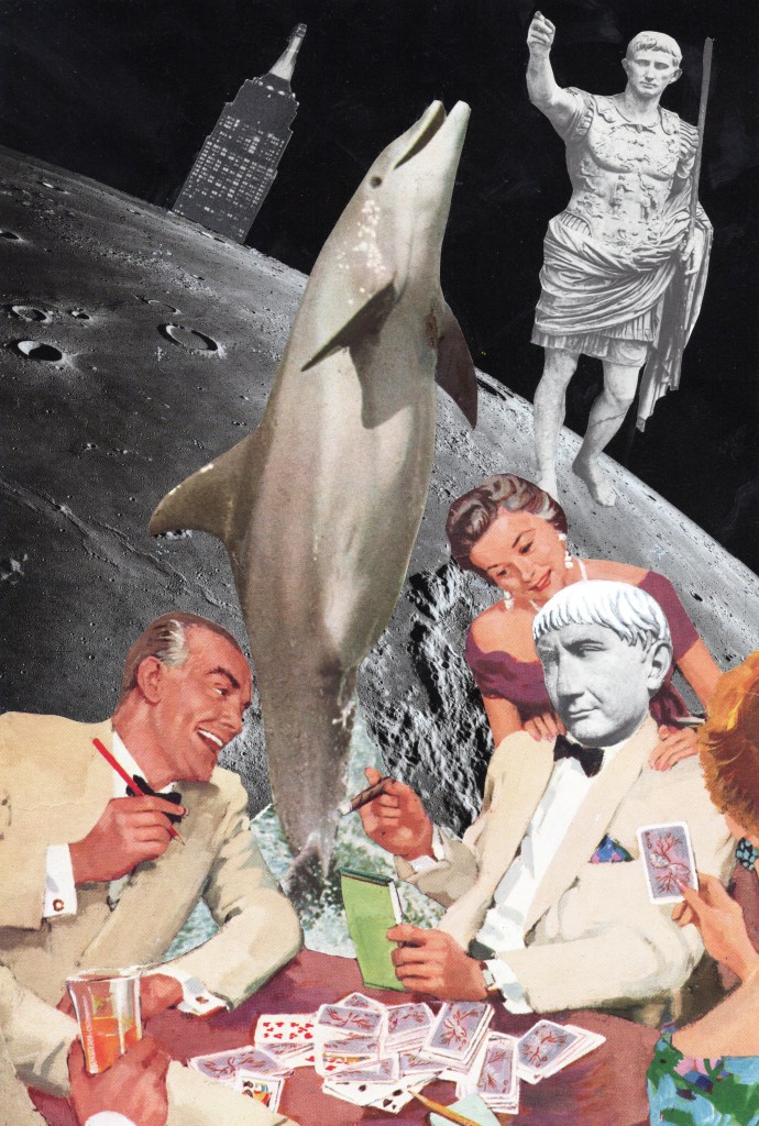 Moon art collage Vegas palace Romans art vintage old magazines