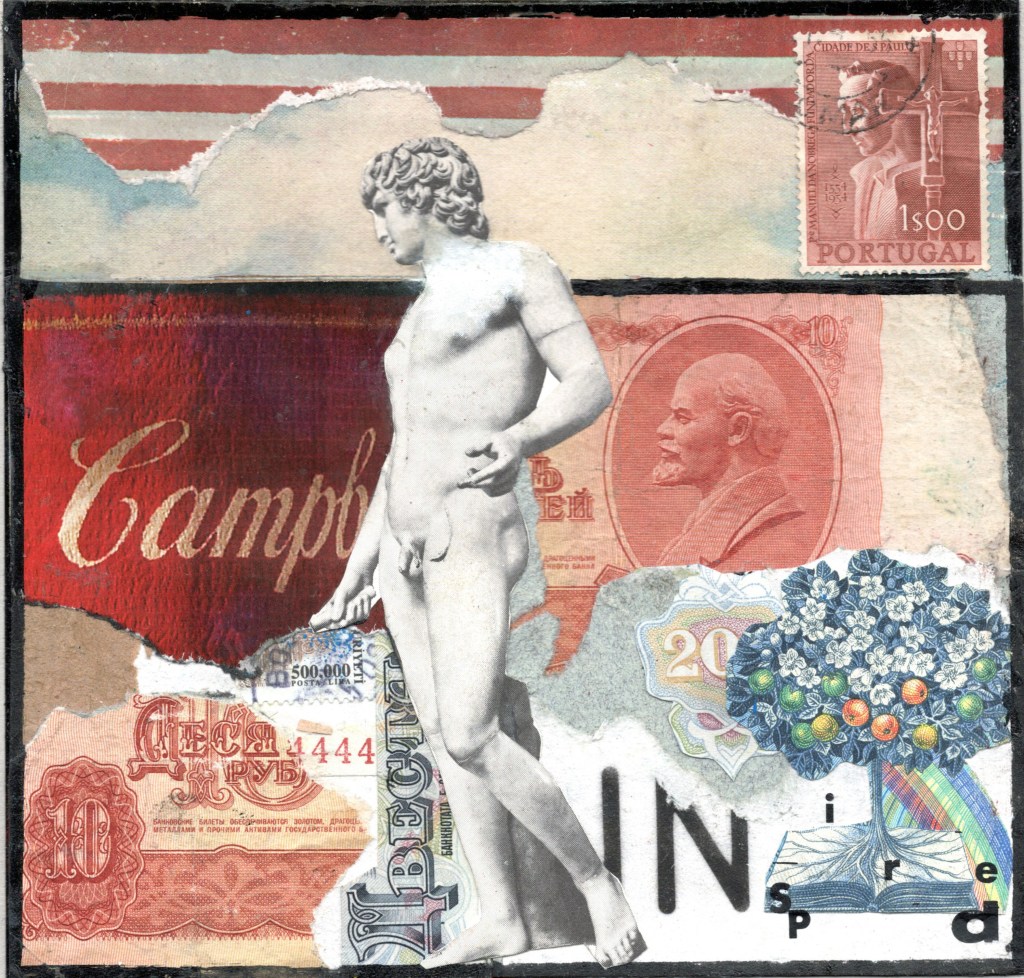 Money is magic collage statue banknotes letraset marker pens vintage magazines art stamps in art