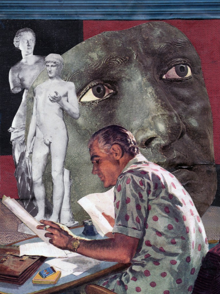 Collage 1950s old magazines statues art antiques cloth materials cut and paste 