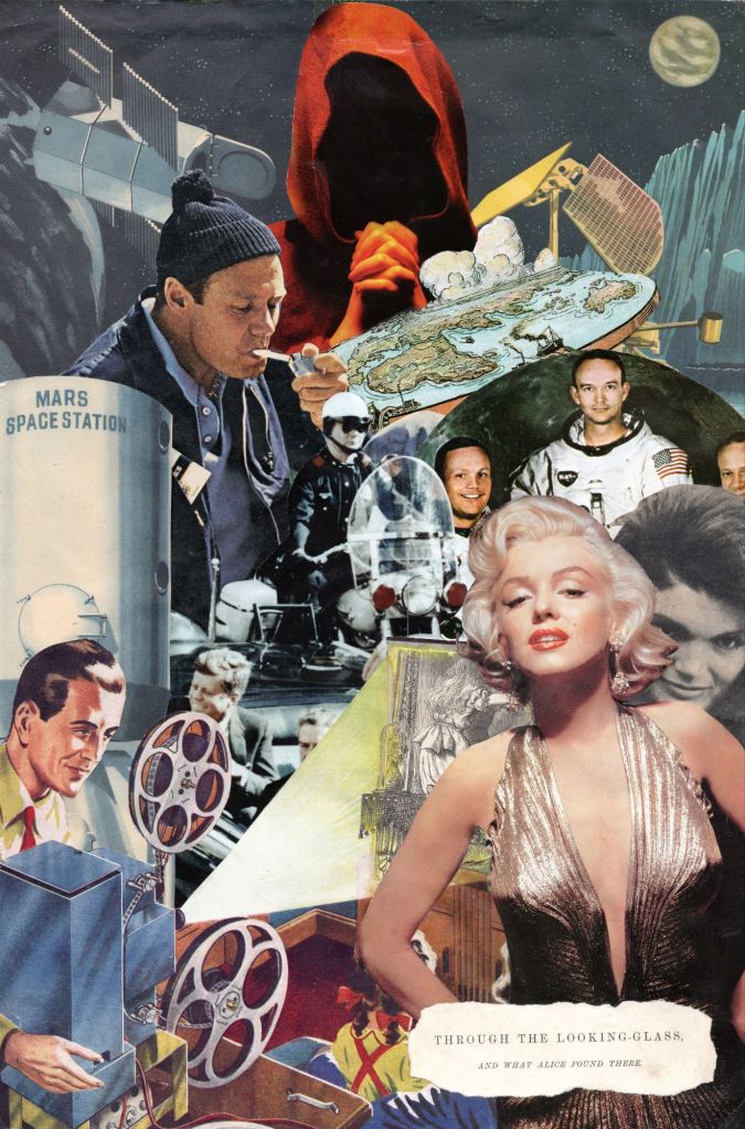 Flat Earth Conspiracy art Marilyn Monroe Kennedy space collage paper old magazines 