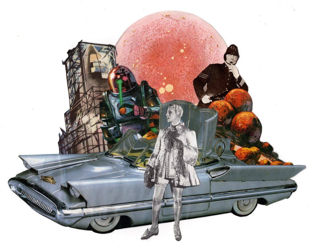 Retro collage renaissance vintage car mining off world planets 