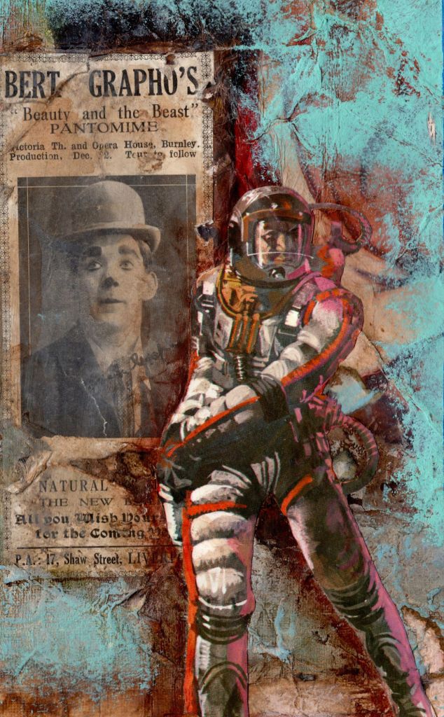 Time travel vintage collage space man mixed media old posters lost