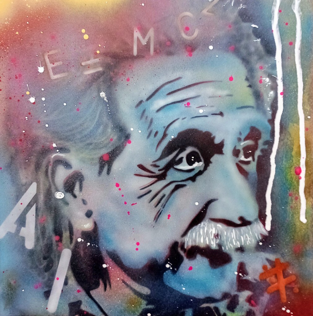 Airbrush art stencil Albert Einstein on paper