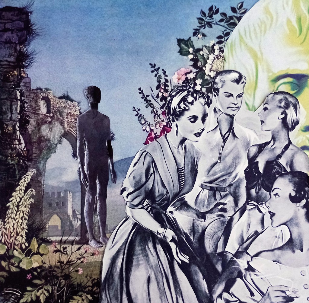 Collage art vintage Aristotle garden 1950s