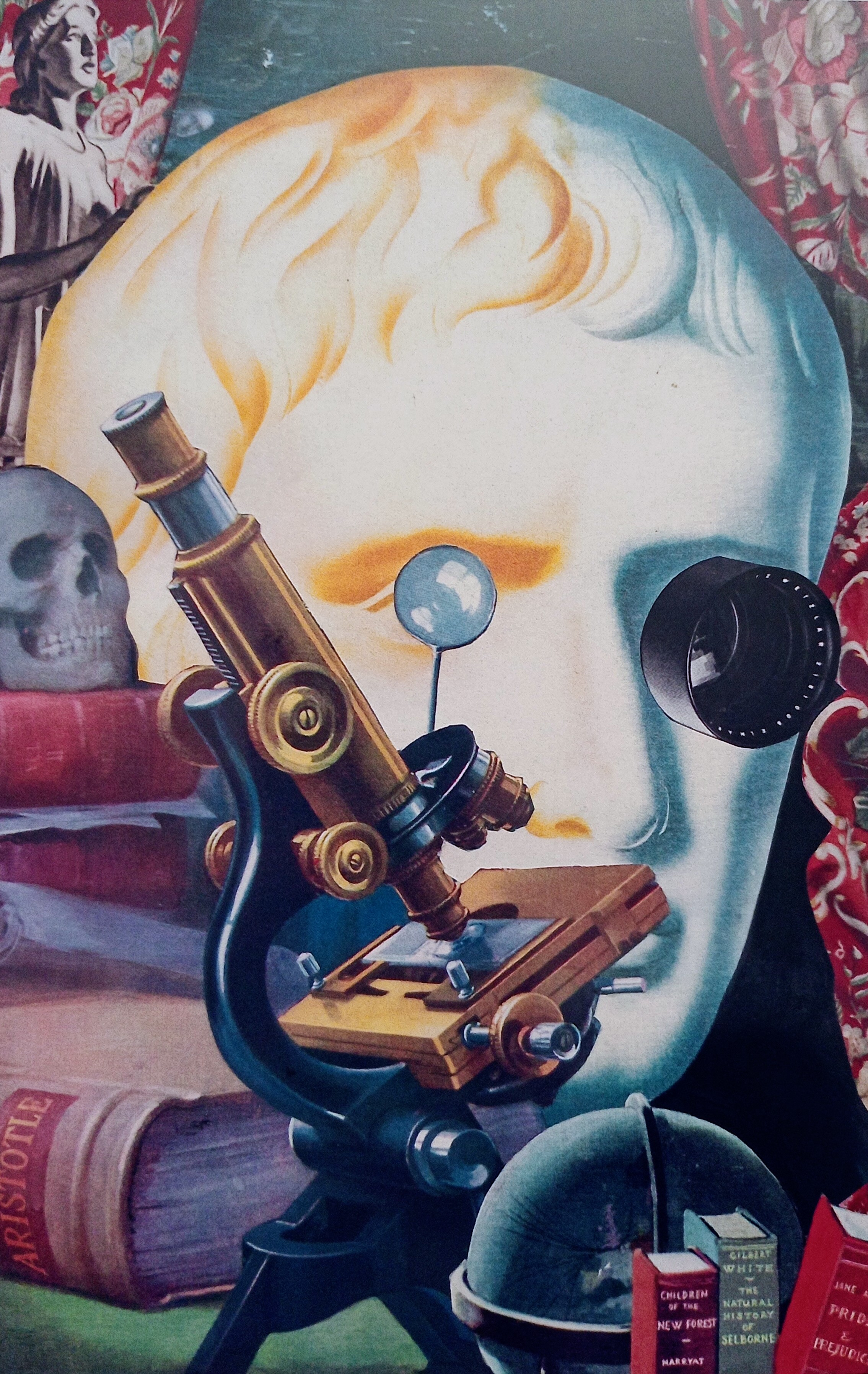 Aristotle study vintage collage art microscope statue books camera lens