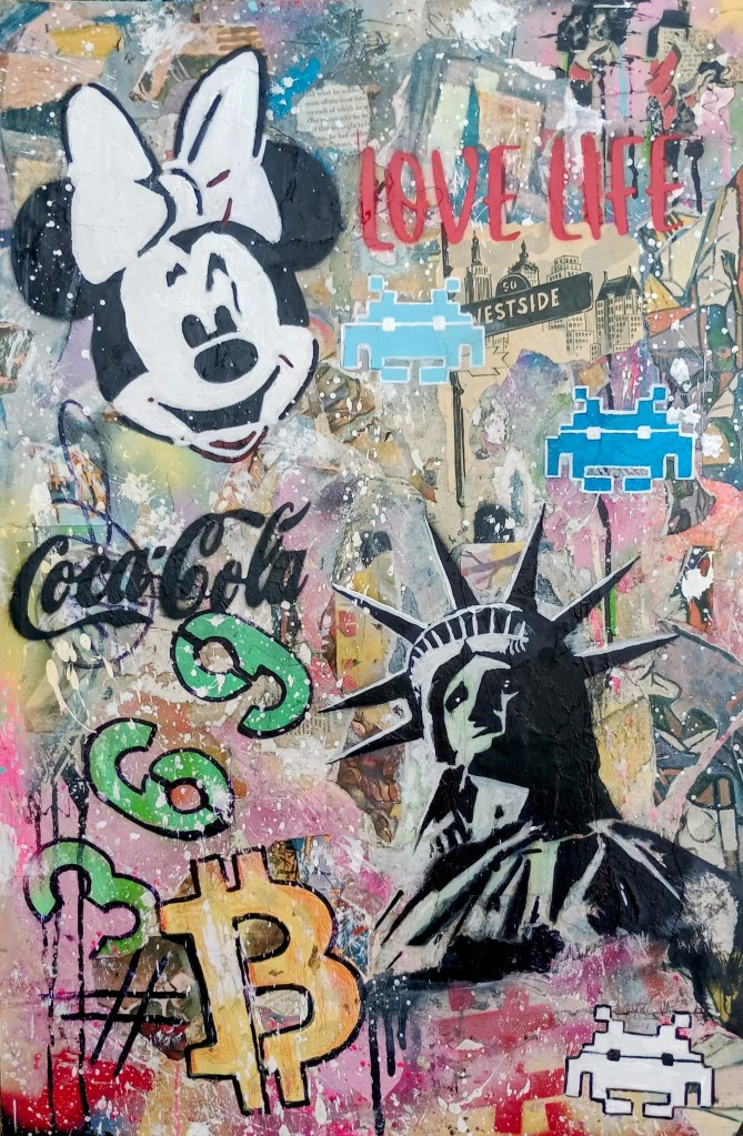 Invaders street art mixed media new York statue liberty collage old magazines spray cans space invaders art